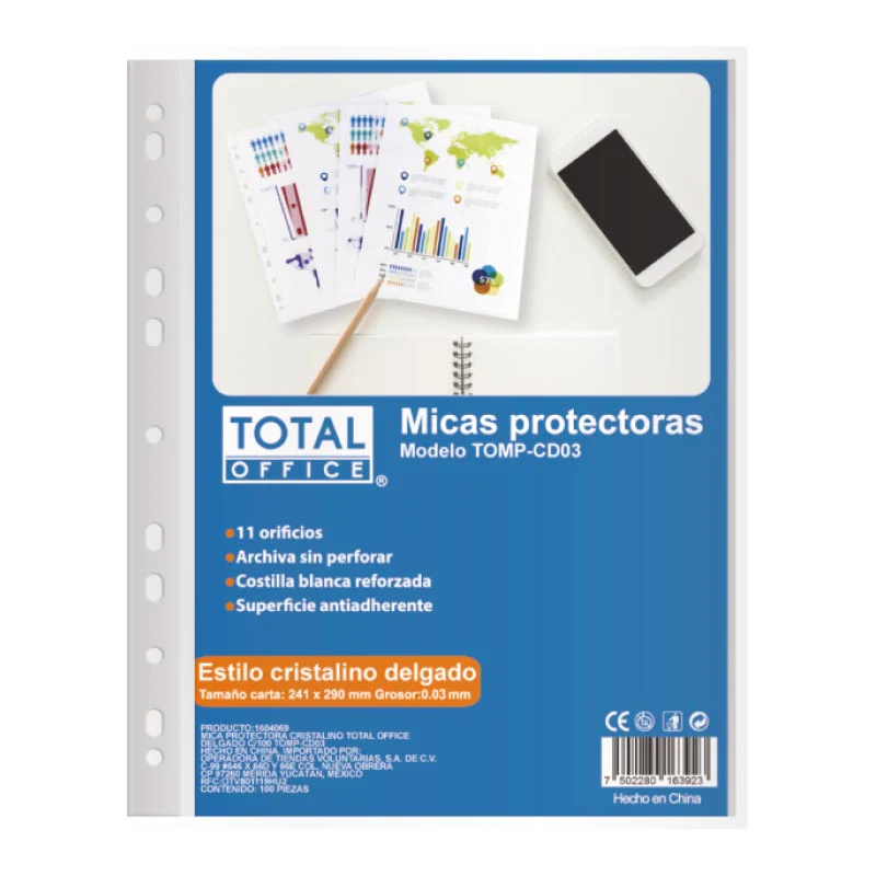[7502280163923] Mica Protectora Total Office Cristalino Delgado 241x290mm Grosor 0.03mm Mod. TOMP-CD03 Tamaño Carta