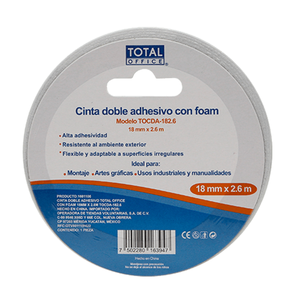 [7502280163947] Cinta Doble Adhesivo Con Foamy 18mm x 2.6m Total Office Mod. TOCDA-182.6