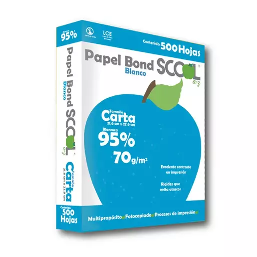 Paquete de Papel Bond Tamaño Carta Scool Azul 70gr Color Blanco 100 Piezas