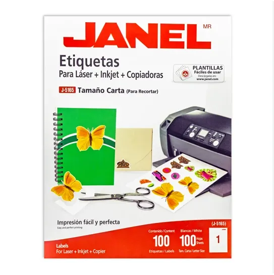 Etiquetas Adhesivas Laser Blancas Janel 21.6x27.9cm Mod. J-5165 Tamaño Carta