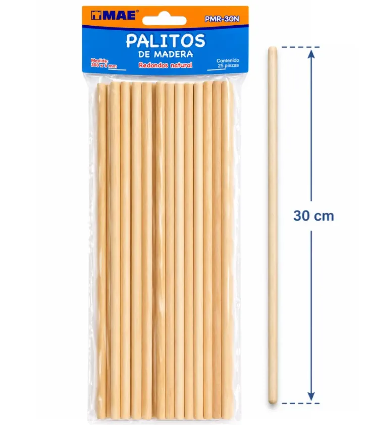 Paquete De Palitos de Madera Mae 300x6mm Mod. PMR-30N 25 Piezas